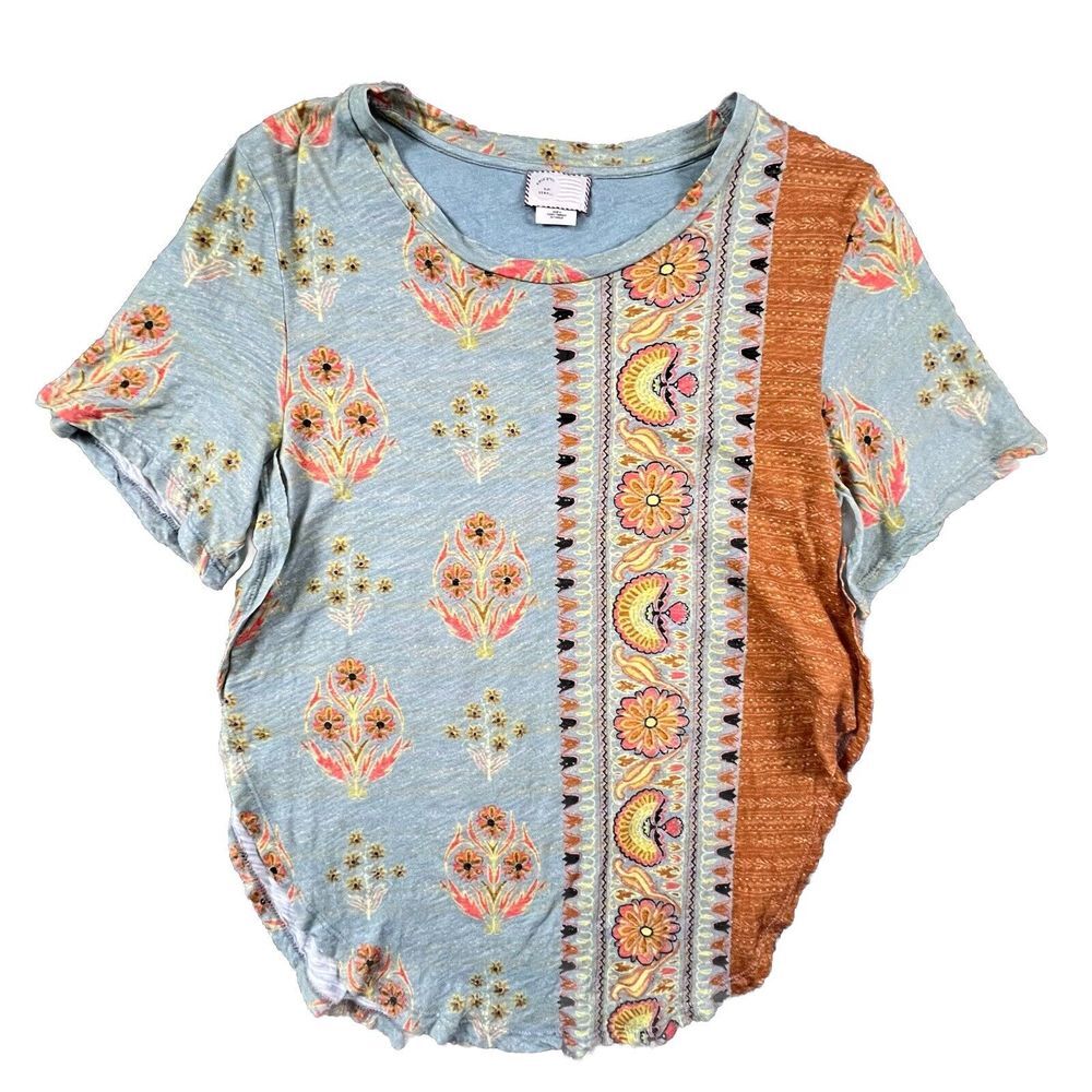 Anthropologie‎ Postage Stamp T-Shirt Womens XS Blue Rust Floral Mixed Media Boho